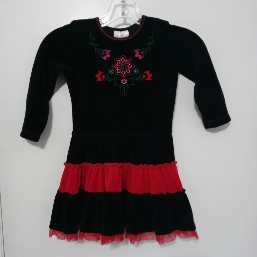 Hanna Andersson girls 4 Layered Long Sleeve Embroidered floral Velour Dress